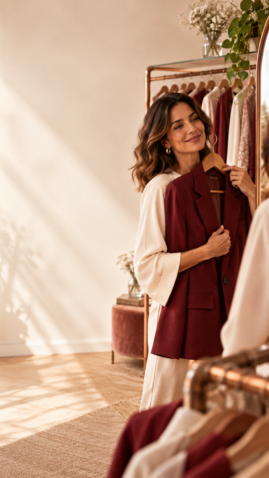 Fotografia oficial de uma mulher com um blazer vinho selecionado na arara
