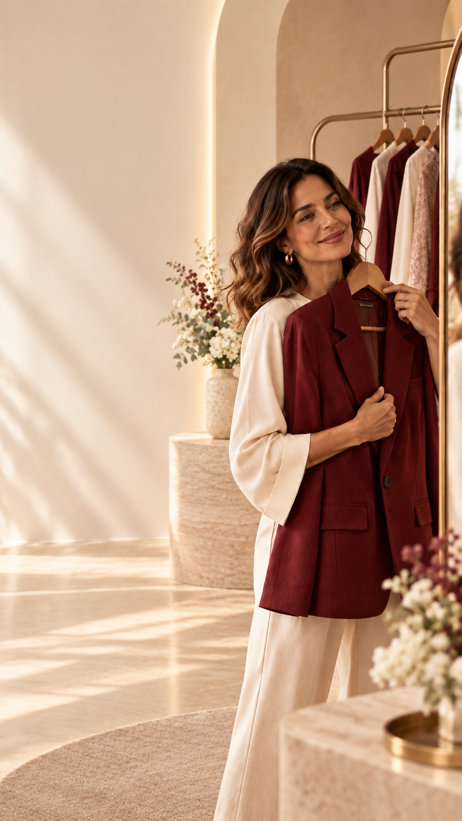 Mulher segurando um blazer vinho diante de uma arara de roupas